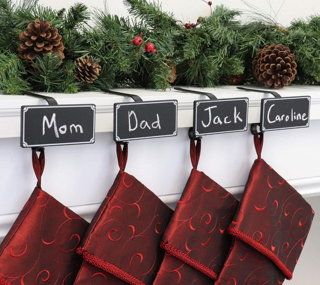 Haute Decor The Original MantleClip® Stocking Holder with Chalkboard Icons 4-Pack (Black) - Personalize Your Christmas Stocking Hangers with Names