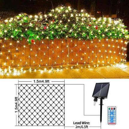 JIMACRO Solar Powered Net Lights Outdoor, 1.5 M x 1.5 M/4.9FT4.9FT 96LEDs Mesh Fairy Lights with 8 Modes, Remote Control, Waterproof Copper Wire Bush Fairy Lights for Xmas Tree Lawn Garden Décor