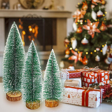 6 Pcs Mini Christmas Trees Bottle Brush Trees, Miniature Pine Christmas Tree Tabletop Mini Snow Frost Trees with Wooden Base for Christmas Holiday Decorations