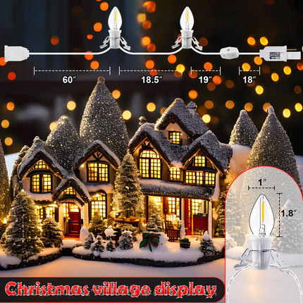 Meonum Accessory Cord with Two LED Bulbs, Blow Mold Christmas Village Light with Outlet and Plug, Double Spare Fuse C7 Light Bulb Christmas Village Accessories White Indoor String Lights (5 Pack)