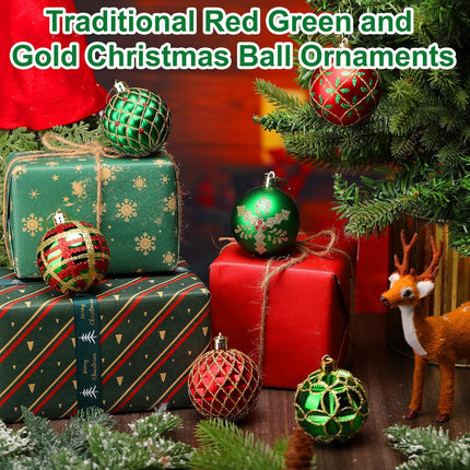 Hungdao 24 Pcs Christmas Ball Ornaments Red Green and Gold Christmas Tree Hanging Ornaments 2.4'' Glitter Christmas Ball Decorations Christmas Tree Pendants for Tree Xmas Holiday Party