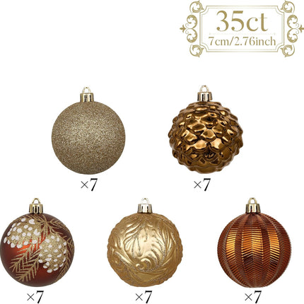 Valery Madelyn Christmas Ornaments Set, 35ct 2.76 Inches Brown Copper and Gold Shatterproof Christmas Tree Decorations, Woodland Bronze Hanging Ball Ornaments Bulk for Thanksgiving Xmas Holiday Decor