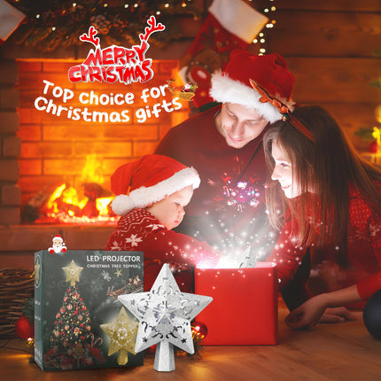 Christmas Tree Topper, Christmas Star Tree Topper Built-in LED Rotating Lights, Plug in 3D Sliver Glittered Star Tree Topper for Xmas Party Holiday Decorations