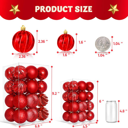 JOIEDOMI 24 Pcs Red Christmas Balls Ornaments Set, 2.36" Christmas Tree Ornaments Shatterproof, Christmas Balls Hanging Decorations for Xmas Tree Wreath Garland Holiday Wedding Indoor Party Decor