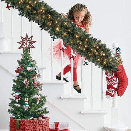 9 ft Pre-lit Christmas Garland, Christmas Artificial Garland with 300 Branch Tips for Stairs Wall Door Indoor Outdoor Garland with Battery Operated Timer