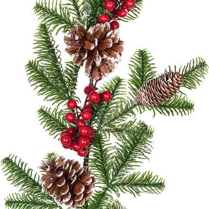 DearHouse 6FT Artificial Christmas Pine Garland with Red Berry Branch Pine Cone Winter Greenery Garland for Holiday Season Mantel Fireplace Table Runner Centerpiece Décor