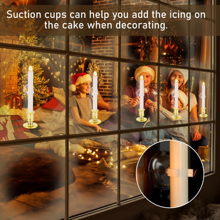 12 Pack Christmas Window Candles, Battery Operated Window Candles with Timer Remote, LED Window Candles with Candle Holders Suction Cups, Flickering Candles for Christmas Decorations, Gold