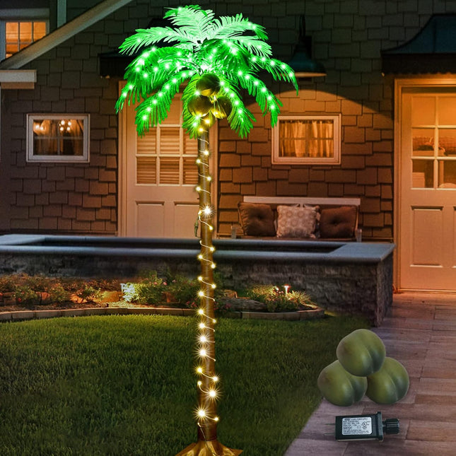 Lighted Palm Tree, 6FT 162 LED Artificial Palm Tree with Coconuts, Tropical Light Up Palm Trees for Home Garden Christmas Party Outdoor Patio Decor