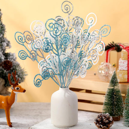 Lyrow 36 Pcs 12" Glitter Christmas Tree Picks Decoration Xmas Tree Curly Picks and Sprays Sequins Candy Shape Christmas Floral Pick for Home Vase Filler Garland (Silver,Sky Blue,White)