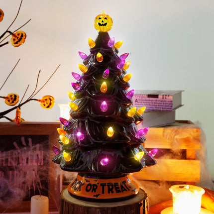Blissun 12" Halloween Decorations Ceramic Tree, Hand-Painted Black Christmas Tree, Battery Powered Tabletop Halloween Lighted Ceramic Tree for Indoor Office Home Halloween Decorations