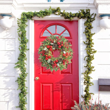 Super Holiday Artificial Christmas Wreath, Front Door Wreaths Decorations for Home, Party, Holiday, Thanksgiving, Xmas Decor - with Wreath Hanger, Green/Red.