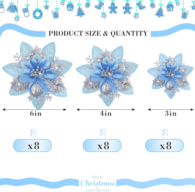 24 Christmas Glitter Artificial Poinsettia Flowers Xmas Poinsettia Artificial Wedding Flowers Decorations Xmas Tree Ornaments with Clips for Party Favors, 6 Inch, 4 Inch, 3 Inch (Silver and Blue)