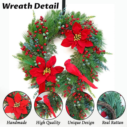 Pre-Lit Christmas Wreaths for Front Door 24 Inch Christmas Wreath with Lights,Large Winter Wreath with Cardinal Birds,Poinsettia,Green Evergreen Pine Needles Red Berries Holiday Wreath Decor
