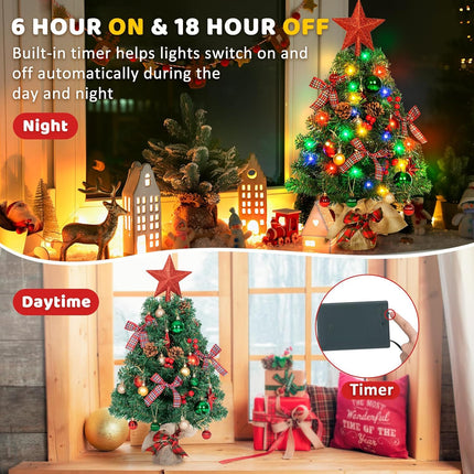 24In Tabletop Christmas Tree, Mini Christmas Tree with 35 LED Lights DIY Ornaments Star Treetopper, Small Xmas Artificial Tree for Holiday Indoor Christmas Decoration (Classic Red)