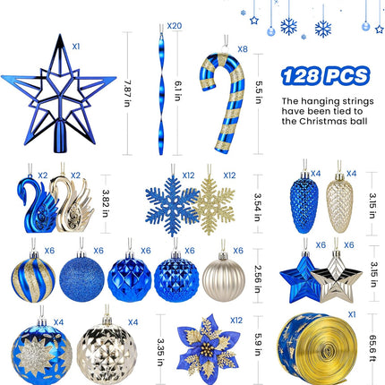 128pcs Christmas Balls Ornaments Set, Shatterproof Plastic Baubles Christmas Flower, Ribbon and Tree Topper for Xmas Tree Holiday Wedding Party Decorations with Hanging Strings, Blue and Gold