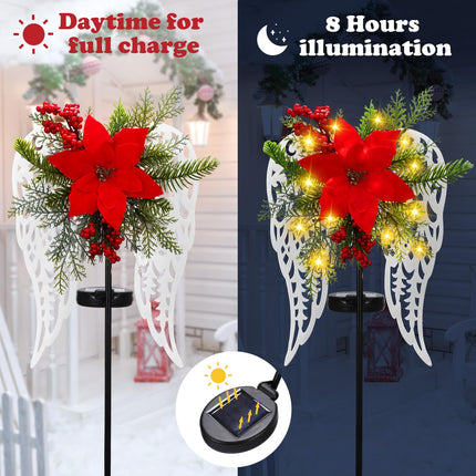 2 Pack Christmas Outdoor Decorations Solar Stake Lights, Led Angel Wings Metal Stakes with Big Poinsettia Flower, Grave Decorations Lighted Pathway Lights for Lawn Garden Cemetery Decorations