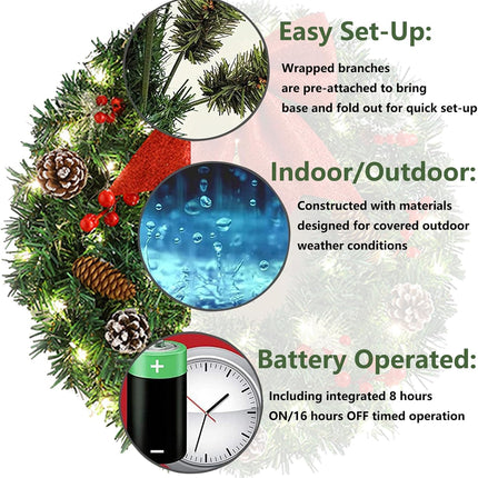 Pre-Lit Artificial Christmas Wreath,18inch/45cm Artificial Christmas Garland for Front Door with Red Bowknot, Pine Cones, Red Berries, 40 LED Lights for Indoor and Outdoor Christmas Decorations