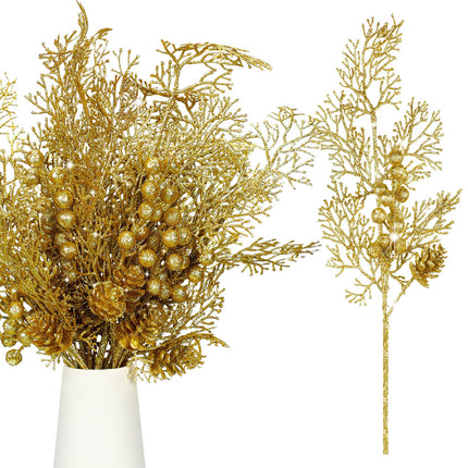 Tigeen 12 Pcs Large Christmas Tree Picks Bulk Glitter Branches Berries Stems Decorations 15.75'' Christmas Twigs Filler Berry Picks for Vase Christmas Tree Ornaments (Gold)