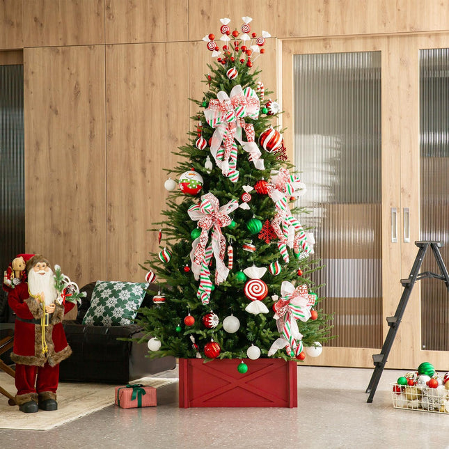 Glitzhome 24.5" L Farmhouse Handcrafted Wooden Tree Collar Tree Base Cover Decorative Christmas Tree Skirt Tree Box, Red