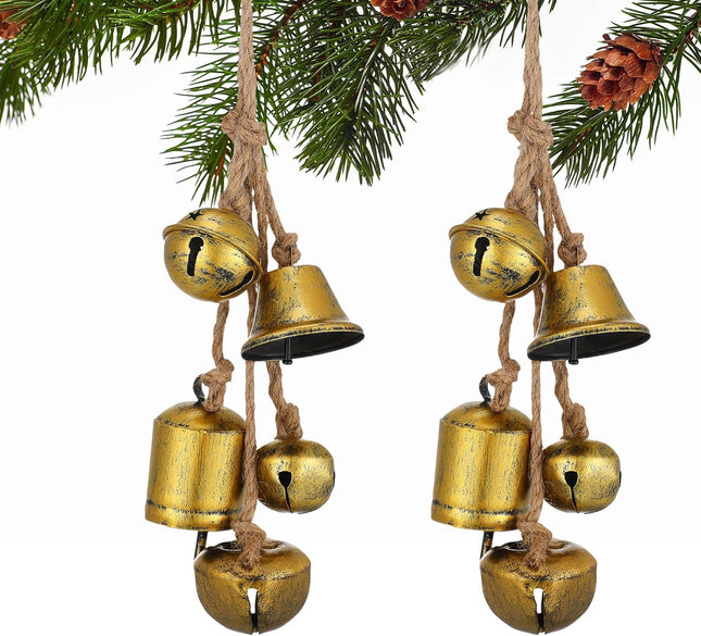 Woanger 2 Pcs Christmas Cow Bells Rustic Witch Bells Iron Christmas Decor with Rope Vintage Decor Decorative Hanging Bell for Farmhouse Garden Home Ornaments (Classic Style)