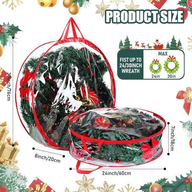 Zhengmy 4 Pack 30" 24" Wreath Storage Container Clear Christmas Wreath Storage Bags with Handle and Dual Zipper Plastic Decorative Wreath Protector for Xmas Seasonal Holiday Wreath Garland(Red)