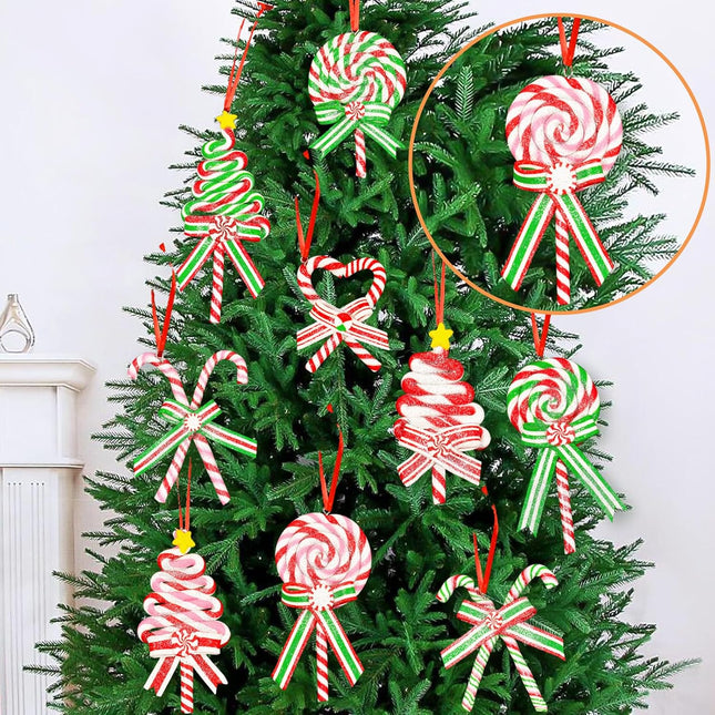 10Pcs Christmas Candy Cane Ornaments for Tree Decorations - Polymer Clay Glitter Lollipop Candy Cane for Holiday Party Home Decor