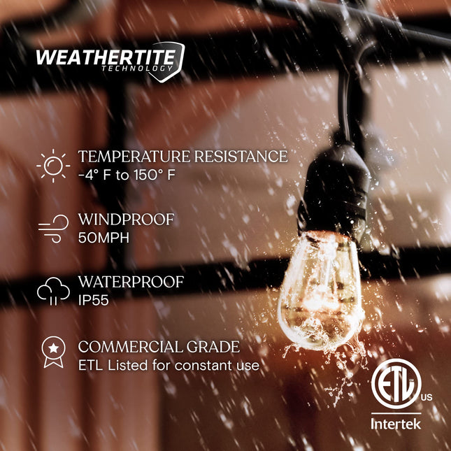 Brightech Ambience Pro Outdoor String Lights - Commercial Grade Waterproof Patio Lights with 48 Ft Dimmable Incandescent Edison Bulbs, Porch String Lights for Patio, Backyard - 15 Bulbs 11W