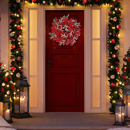 20 Inch Artificial Christmas Wreath, Decorated with Red Berries Pine Needles Red Christmas Ball for Indoor & Outdoor Christmas Decorations