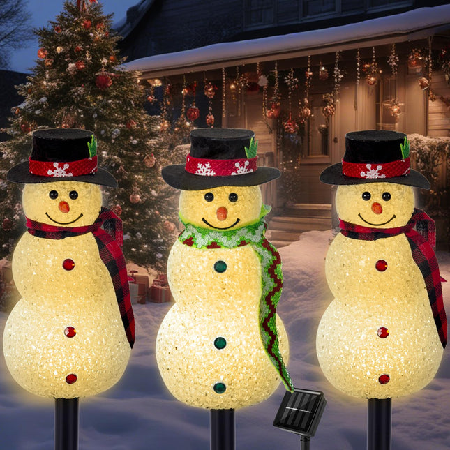 Solar Christmas Snowman Lights Outdoor Decorations, Set of 3 Led Stake Lights, Waterproof Walkway Landscape Lights for Winter Yard, Garden, Lawn Decor (Snowman-Warm White)