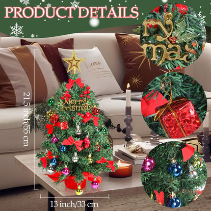 HMASYO Small Christmas Tree with Lights and Ornaments, 22 Inch Green Tabletop Mini Christmas Tree with Light, Star Topper, DIY Artificial Table Top Xmas Tree for Holiday Indoor Home Decoration