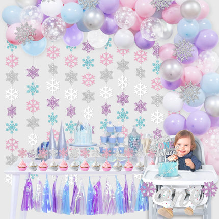 Winter Snowflake Hanging Decorations, Glitter Purple Pink Silver Christmas Snowflakes Hanging Garland Frozen Party Decorations for Winter Wonderland Baby Shower Frozen Birthday Party Decorations