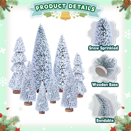 AerWo 8Pcs Mini Christmas Trees Flocked Bottle Brush Christmas Trees 4''-10'' with Wooden Bases, Small Christmas Trees for Tabletop Christmas Decor Village Crafts Winter Holiday Table Decorations