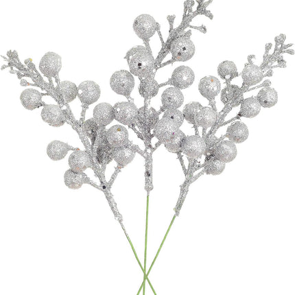 Lvydec 16pcs Christmas Glitter Berries Stems, 7.8" Artificial Christmas Picks for Christmas Tree Ornaments, DIY Xmas Wreath, Crafts, Holiday and Home Decor (Silver)