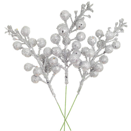 Artiflr 14 Pack Christmas Glitter Berries Stems Clearance, 7.8 Inch Artificial Christmas Picks for Christmas Tree Ornaments, DIY Xmas Wreath, Crafts, Holiday and Home Decor, Silver