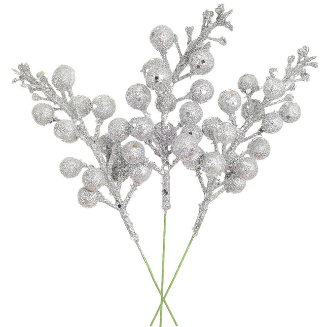 Artiflr 14 Pack Christmas Glitter Berries Stems Clearance, 7.8 Inch Artificial Christmas Picks for Christmas Tree Ornaments, DIY Xmas Wreath, Crafts, Holiday and Home Decor, Silver