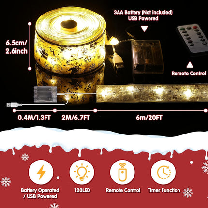Lecone Christmas Tree Decorations, 2 Pack Christmas Ribbon Lights Total 40Ft 120LED Fairy Lights with 8 Modes & Timer, USB or Battery Operated Christmas Lights for Tree Indoor (Gold with Warm Light)
