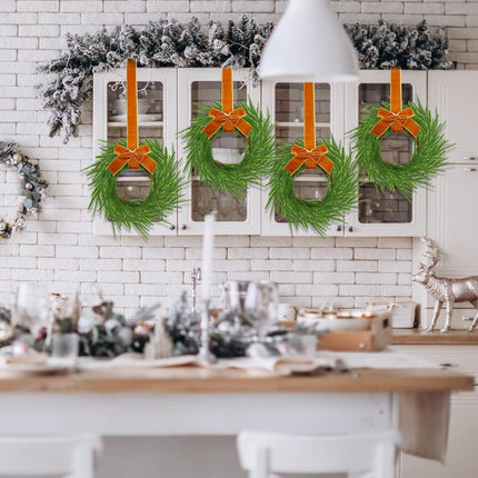 Dingion 8 Pcs Christmas Norfolk Pine Wreath Decoration Mini Christmas Kitchen Cabinet Wreaths with Brown Bow Ribbon Small Farmhouse Wreath Artificial Hanging Garlands for Xmas Porch Wall Window Decor