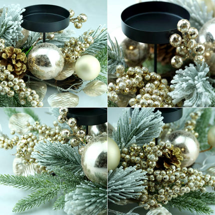 YULETIME 28" Christmas Triple Candelabrum, Holiday Candle Holder with Three Trays, Gold Baubles, Golden Berries & Leaves, Snowy Flocked Pine Needles (Gold)