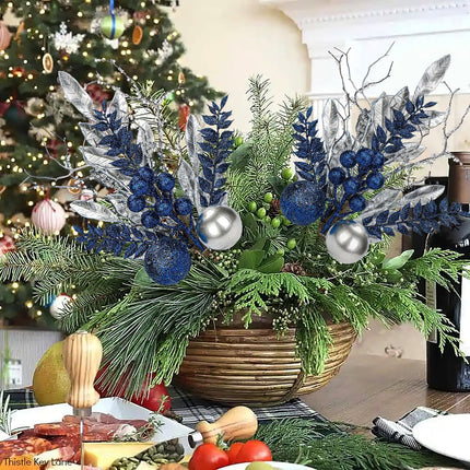 DILATATA 3 Pcs Christmas Glitter Leaves Fern Stems with Ball Ornament, Bay Leaves, 15 Inch Artificial Christmas Picks Floral Branches for Christmas Tree, Xmas Wreath, Centerpieces, Home Decor - Blue