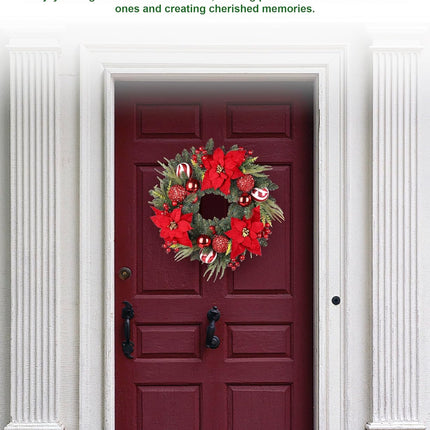 24 Inch Christmas Wreath, Artificial Christmas Wreath for Front Door, Decorated with Cypress Leaves, Christmas Flowers, Red Berries, Atmosphere Balls, Suitable for Indoor and Outdoor