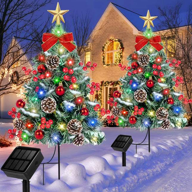 Ouddy Decor 2 Pcs Pre-lit Solar Christmas Tree Lights, 8 Modes Solar Christmas Lights Outdoor Decorations Waterproof Multi-Color 60 Led Solar Stake Lights for Yard Garden Pathway Lawn Christmas Decor