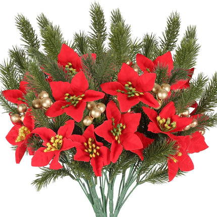 GTIDEA 6pcs Artificial Pine Branches Christmas Greenery Stems with Poinsettias Artificial Christmas Flowers and Berries Fake Green Plants for Xmas Tree Home Porch Table Centerpieces Vase Decor (13.4")