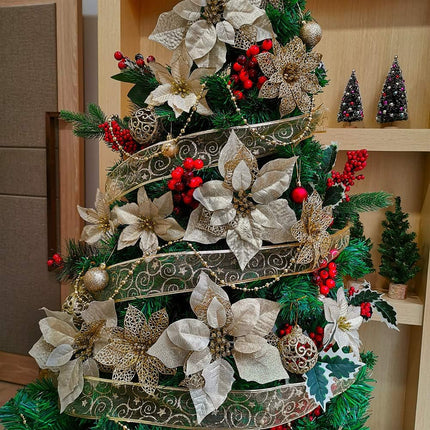 Winlyn 26 Set 3 Style Christmas Gold Glitter Poinsettia Flowers Picks Xmas Tree Ornaments and 12 Yards Decorative Gold Glittered Wired Ribbon for Gold Christmas Tree Wreaths Garland Holiday Décor