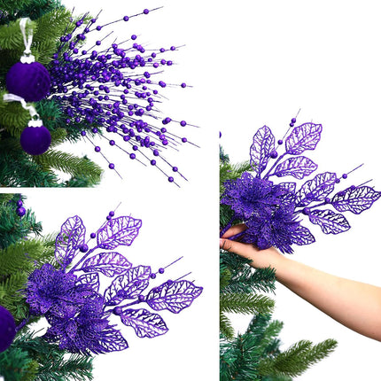24 Pack Christmas Tree Ornaments - Artificial Flowers Glitter Berry Stems Christmas Floral Picks Branches for Xmas Tree Decorations Vase Filler Holiday Wedding Party Home Decor (Purple)