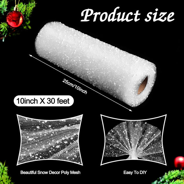 10 Inch x 30 Feet Christmas Snow Poly Mesh Ribbon Snowball Decorated Mesh Ribbon Christmas Tree Wreath Mesh Ribbon Christmas Ribbon for Christmas Graduation Party Decoration (White)
