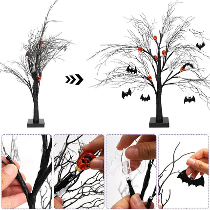 24Inch Black Halloween Spooky Tree with Purple & Orange Lights,Lighted up Halloween Decorations,Halloween Tabletop Decor with Pumpkin & Bat Ornaments for Indoor Home Party Deco