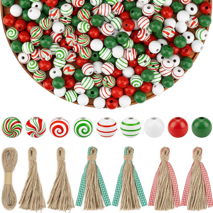 300 Pcs Christmas Wooden Beads Xmas DIY Craft Wood Beads Candy Cane Swirl Beads Red Green White 16mm Round Beads for Christmas Garland Jewelry Making Party Home Tree Decoration with Rope and Tassels