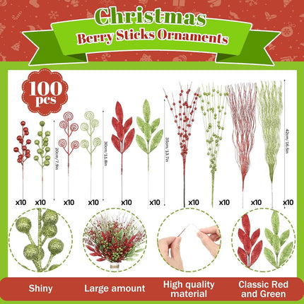 100 Pcs 17'' 12'' Red Green Christmas Berry Stems Ornaments Artificial Glitter Curly Christmas Picks Sprays Fake Christmas Sticks Decorations for Xmas Tree Wreath Crafts Vase Filler Home