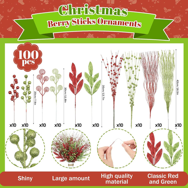 100 Pcs 17'' 12'' Red Green Christmas Berry Stems Ornaments Artificial Glitter Curly Christmas Picks Sprays Fake Christmas Sticks Decorations for Xmas Tree Wreath Crafts Vase Filler Home