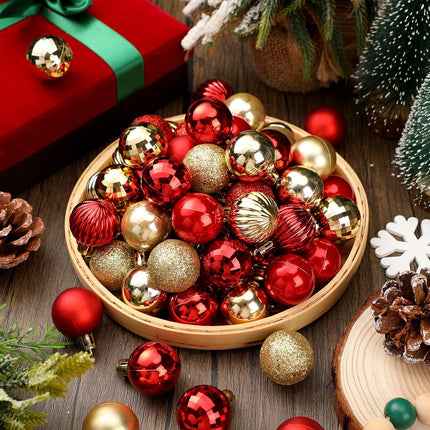 Shappy 216 Pcs Mini Christmas Ball Ornament 1.18" Christmas Tree Decorations 6 Styles Small Christmas Shatterproof Ball with Hanging Loop for Holiday Party Wreath Xmas Tree Decor (Red,Gold)